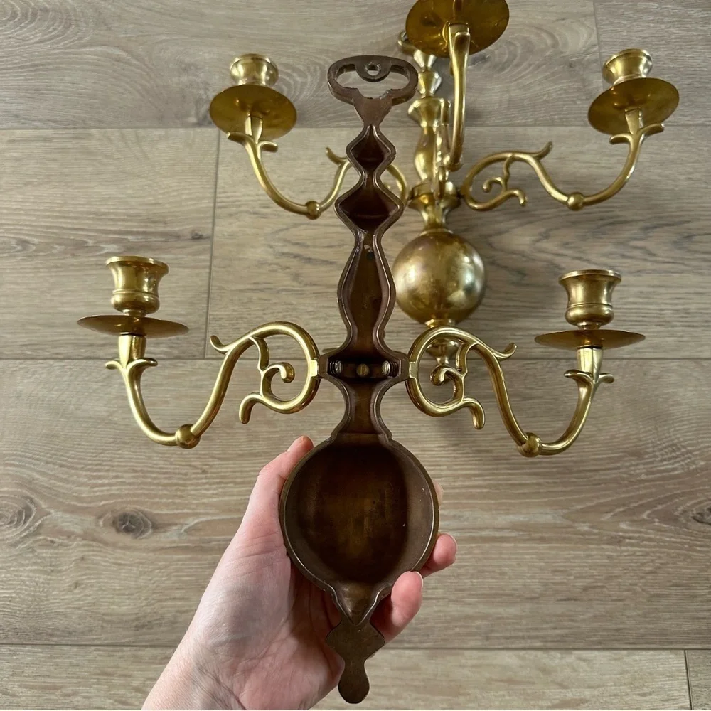 Vintage Solid Brass Three Candle Holders Wall Mount 2 As Set